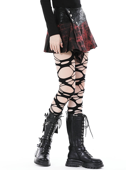 Personalized Blood Red Waist Metal Buckle Embellished Punk Style Mini Pleated Skirt