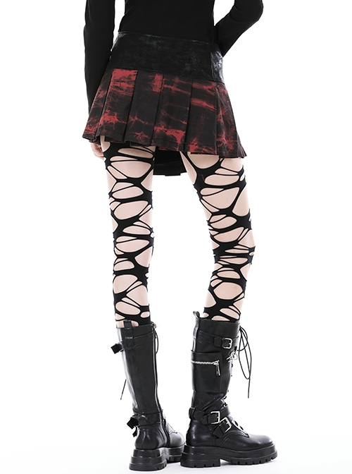 Personalized Blood Red Waist Metal Buckle Embellished Punk Style Mini Pleated Skirt