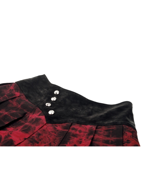 Personalized Blood Red Waist Metal Buckle Embellished Punk Style Mini Pleated Skirt
