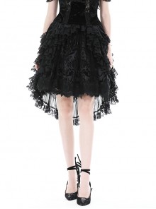 Black Double Layer Woven Printed Mesh With Lace Gothic Fluffy Skirt