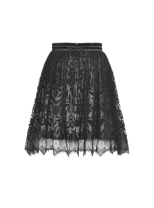 Black Double Layer Woven Printed Mesh With Lace Gothic Fluffy Skirt