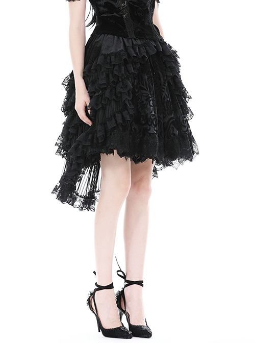 Black Double Layer Woven Printed Mesh With Lace Gothic Fluffy Skirt