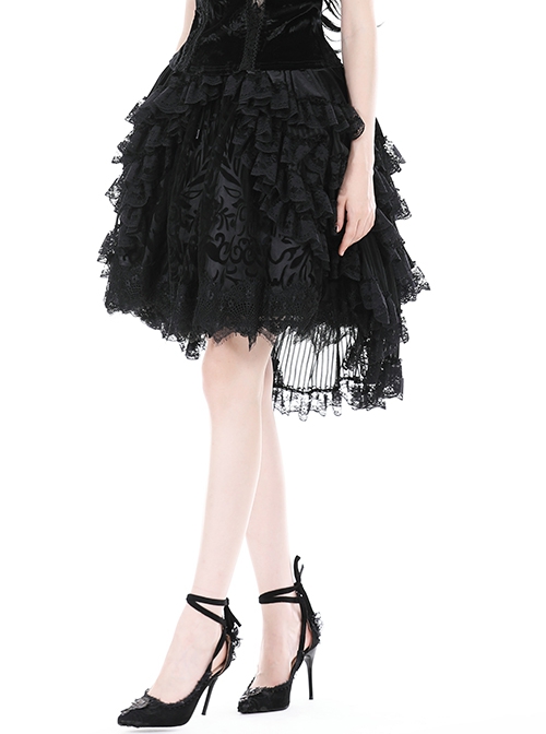 Black Double Layer Woven Printed Mesh With Lace Gothic Fluffy Skirt