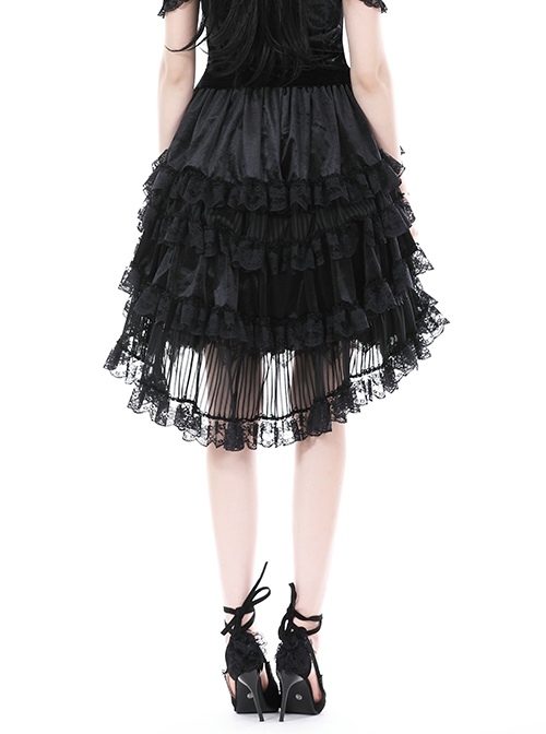 Black Double Layer Woven Printed Mesh With Lace Gothic Fluffy Skirt