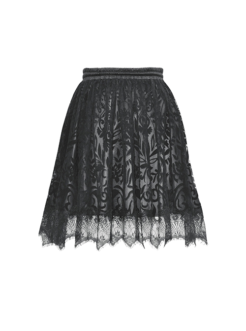 Black Double Layer Woven Printed Mesh With Lace Gothic Fluffy Skirt