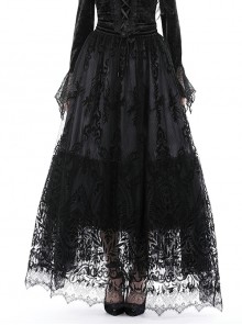 Elegant Black Double Layer Woven Printed Mesh Adjustable Drawstring Gothic Skirt