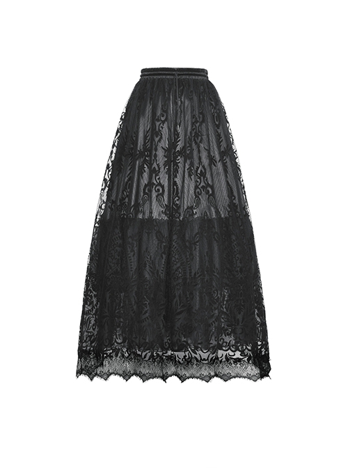 Elegant Black Double Layer Woven Printed Mesh Adjustable Drawstring Gothic Skirt