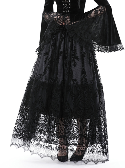 Elegant Black Double Layer Woven Printed Mesh Adjustable Drawstring Gothic Skirt