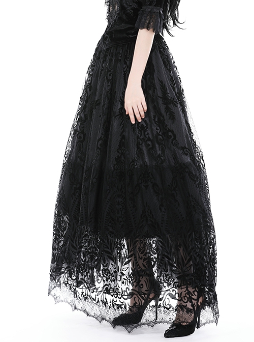 Elegant Black Double Layer Woven Printed Mesh Adjustable Drawstring Gothic Skirt