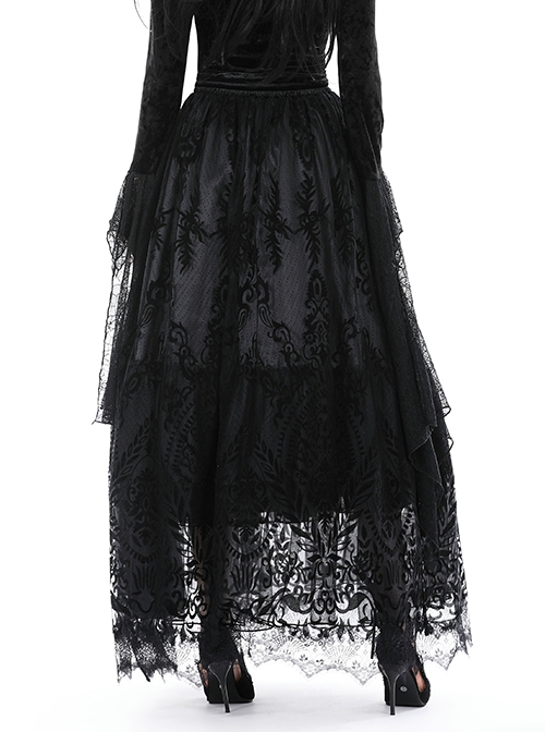 Elegant Black Double Layer Woven Printed Mesh Adjustable Drawstring Gothic Skirt