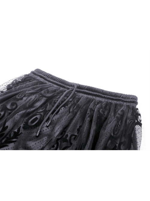 Elegant Black Double Layer Woven Printed Mesh Adjustable Drawstring Gothic Skirt