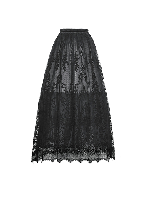 Elegant Black Double Layer Woven Printed Mesh Adjustable Drawstring Gothic Skirt