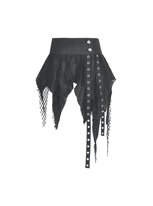 Personalized Black Irregular Mesh Metal Eyelet Webbing Punk Style Mini Skirt