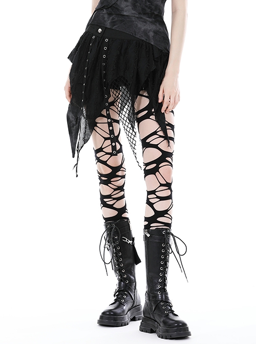 Personalized Black Irregular Mesh Metal Eyelet Webbing Punk Style Mini Skirt
