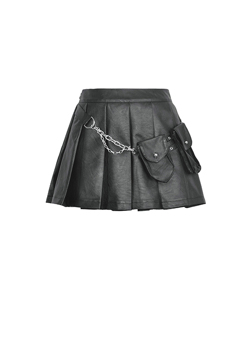 Personalized Black PU Leather Side Waist Bag Metal Chain Punk Style Rock Skirt