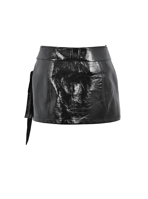 Black Shiny PU Leather With Spiked Rivet Fake Belt Decoration Punk Style Mini Skirt