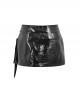 Black Shiny PU Leather With Spiked Rivet Fake Belt Decoration Punk Style Mini Skirt
