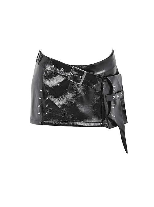 Black Shiny PU Leather With Spiked Rivet Fake Belt Decoration Punk Style Mini Skirt