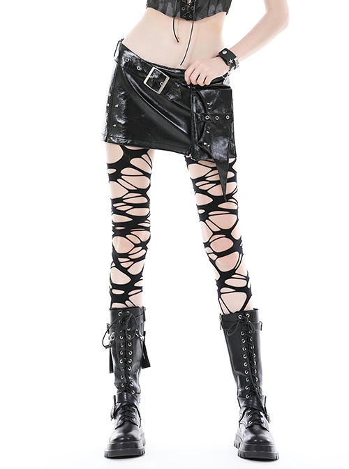 Black Shiny PU Leather With Spiked Rivet Fake Belt Decoration Punk Style Mini Skirt