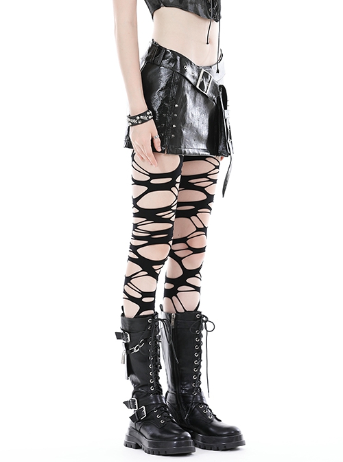 Black Shiny PU Leather With Spiked Rivet Fake Belt Decoration Punk Style Mini Skirt