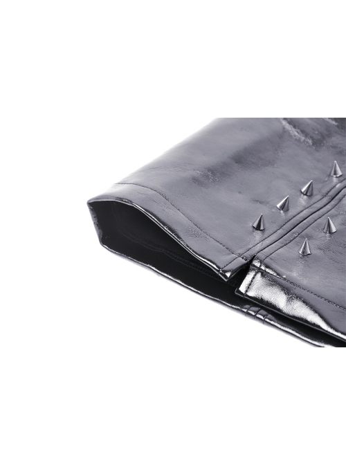 Black Shiny PU Leather With Spiked Rivet Fake Belt Decoration Punk Style Mini Skirt