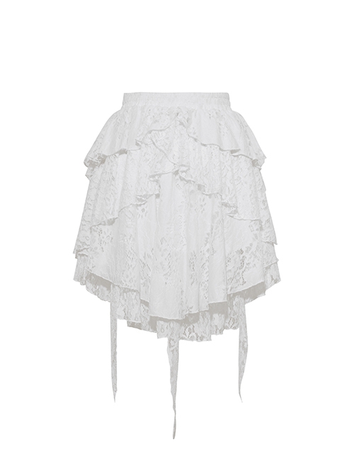 White Lace Layered Irregular Punk Style Loose Skirt