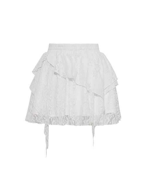White Lace Layered Irregular Punk Style Loose Skirt