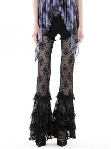 Black Stretch Slim Fit Lace Printed Gothic See Through Flared Pants
