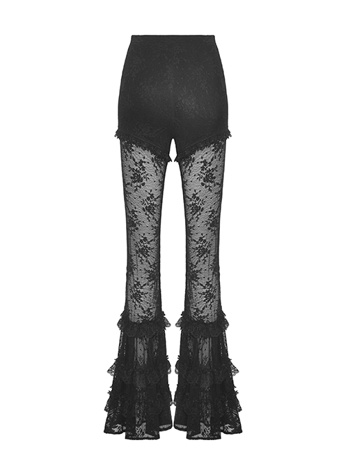 Black Stretch Slim Fit Lace Printed Gothic See Through Flared Pants