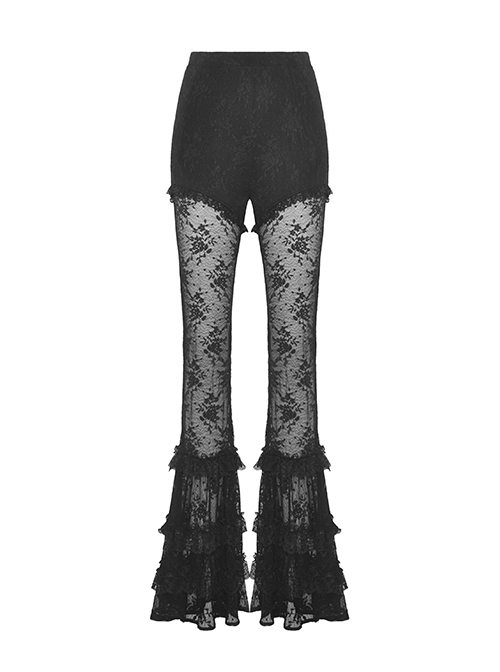 Black Stretch Slim Fit Lace Printed Gothic See Through Flared Pants