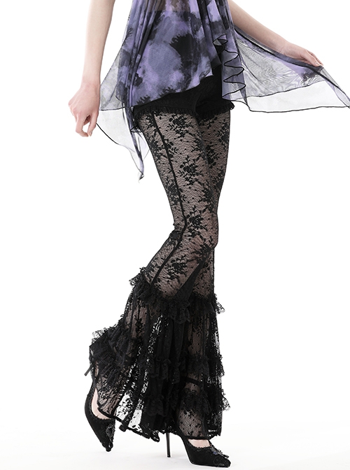 Black Stretch Slim Fit Lace Printed Gothic See Through Flared Pants