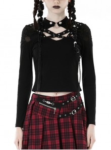 Personalized Black Ripped Chest Criss Cross Woven Collar With Metal Ring Decoration Punk Style Slim T-Shirt