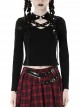 Personalized Black Ripped Chest Criss Cross Woven Collar With Metal Ring Decoration Punk Style Slim T-Shirt