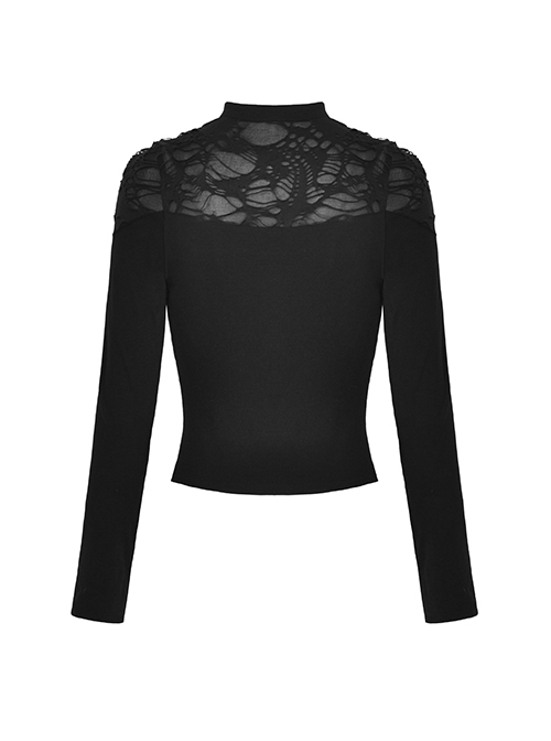 Personalized Black Ripped Chest Criss Cross Woven Collar With Metal Ring Decoration Punk Style Slim T-Shirt