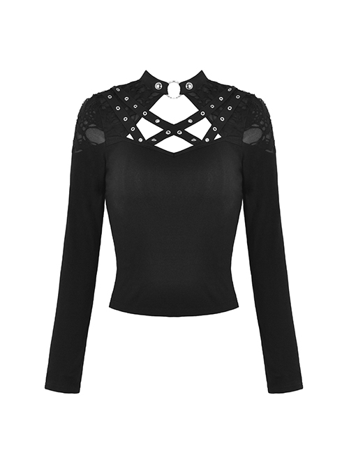 Personalized Black Ripped Chest Criss Cross Woven Collar With Metal Ring Decoration Punk Style Slim T-Shirt