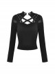 Personalized Black Ripped Chest Criss Cross Woven Collar With Metal Ring Decoration Punk Style Slim T-Shirt