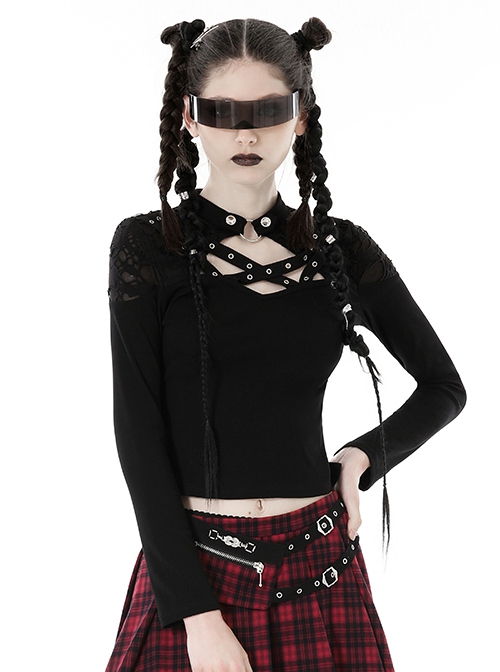 Personalized Black Ripped Chest Criss Cross Woven Collar With Metal Ring Decoration Punk Style Slim T-Shirt