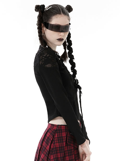 Personalized Black Ripped Chest Criss Cross Woven Collar With Metal Ring Decoration Punk Style Slim T-Shirt