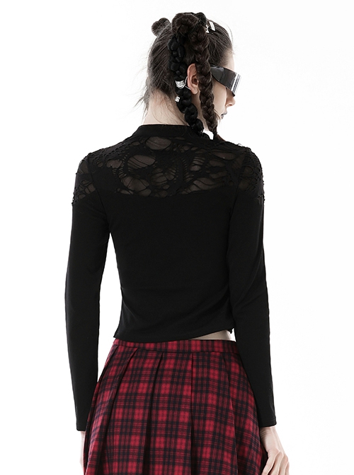 Personalized Black Ripped Chest Criss Cross Woven Collar With Metal Ring Decoration Punk Style Slim T-Shirt