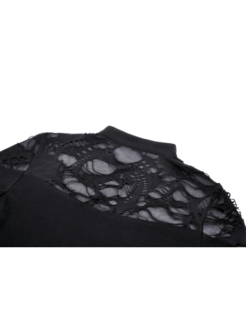 Personalized Black Ripped Chest Criss Cross Woven Collar With Metal Ring Decoration Punk Style Slim T-Shirt