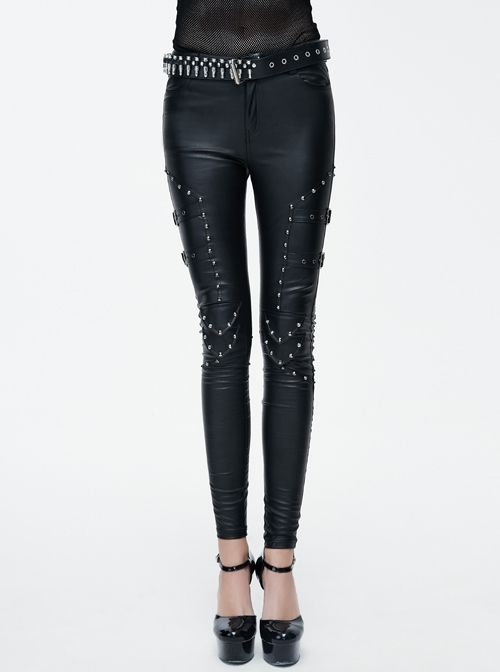 Black Rivets Adjusted Loops Coarse-Grained Skinny Punk Leather Pants