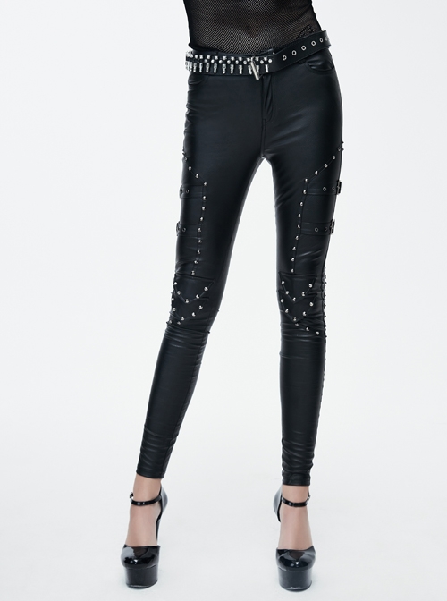Black Rivets Adjusted Loops Coarse-Grained Skinny Punk Leather Pants
