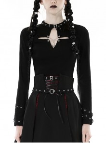 Black Simple Front Chest Sexy Hollow Cross Metal Chain Punk Style Long Sleeved T-Shirt