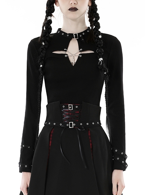 Black Simple Front Chest Sexy Hollow Cross Metal Chain Punk Style Long Sleeved T-Shirt