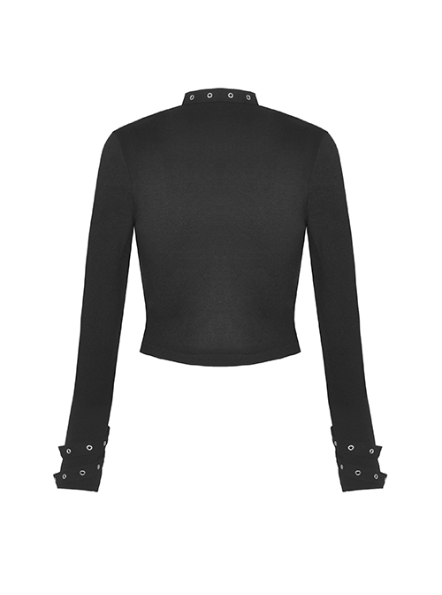 Black Simple Front Chest Sexy Hollow Cross Metal Chain Punk Style Long Sleeved T-Shirt