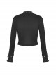 Black Simple Front Chest Sexy Hollow Cross Metal Chain Punk Style Long Sleeved T-Shirt