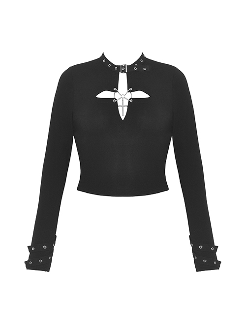 Black Simple Front Chest Sexy Hollow Cross Metal Chain Punk Style Long Sleeved T-Shirt