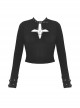 Black Simple Front Chest Sexy Hollow Cross Metal Chain Punk Style Long Sleeved T-Shirt