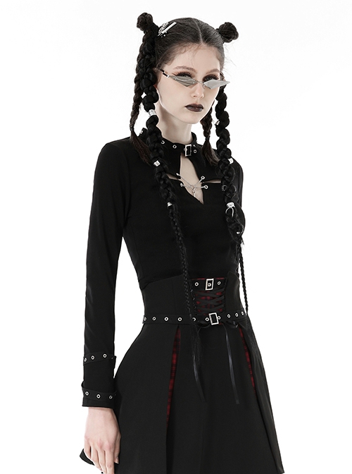 Black Simple Front Chest Sexy Hollow Cross Metal Chain Punk Style Long Sleeved T-Shirt
