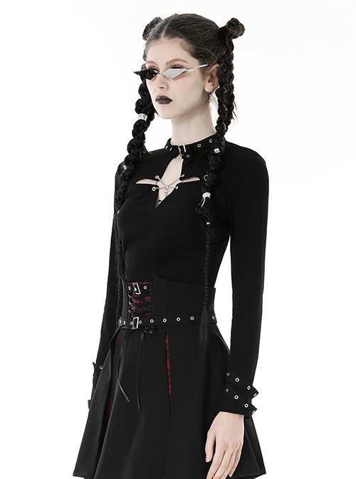 Black Simple Front Chest Sexy Hollow Cross Metal Chain Punk Style Long Sleeved T-Shirt